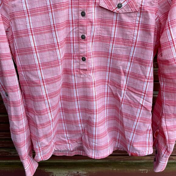 Prana Anja Hooded Shirt Plaid Roll Tab Button-Front Pullover Pink Size Medium - Picture 4 of 10